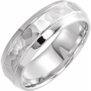14K X1 White 7 mm Beveled-Edge Band with Hammered Finish Size 7.5