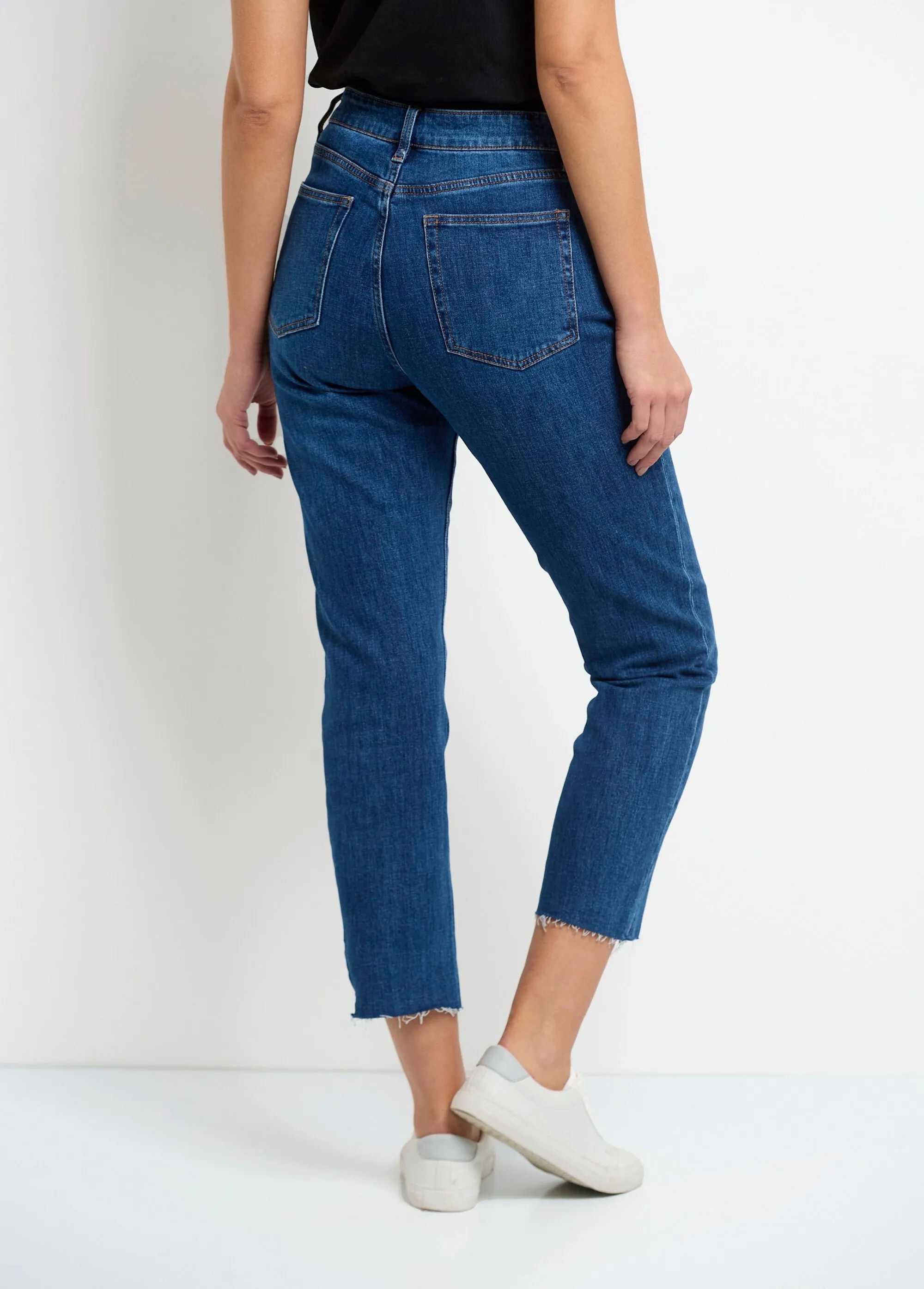 5-pocket jeans, 7/8 length, frayed hem