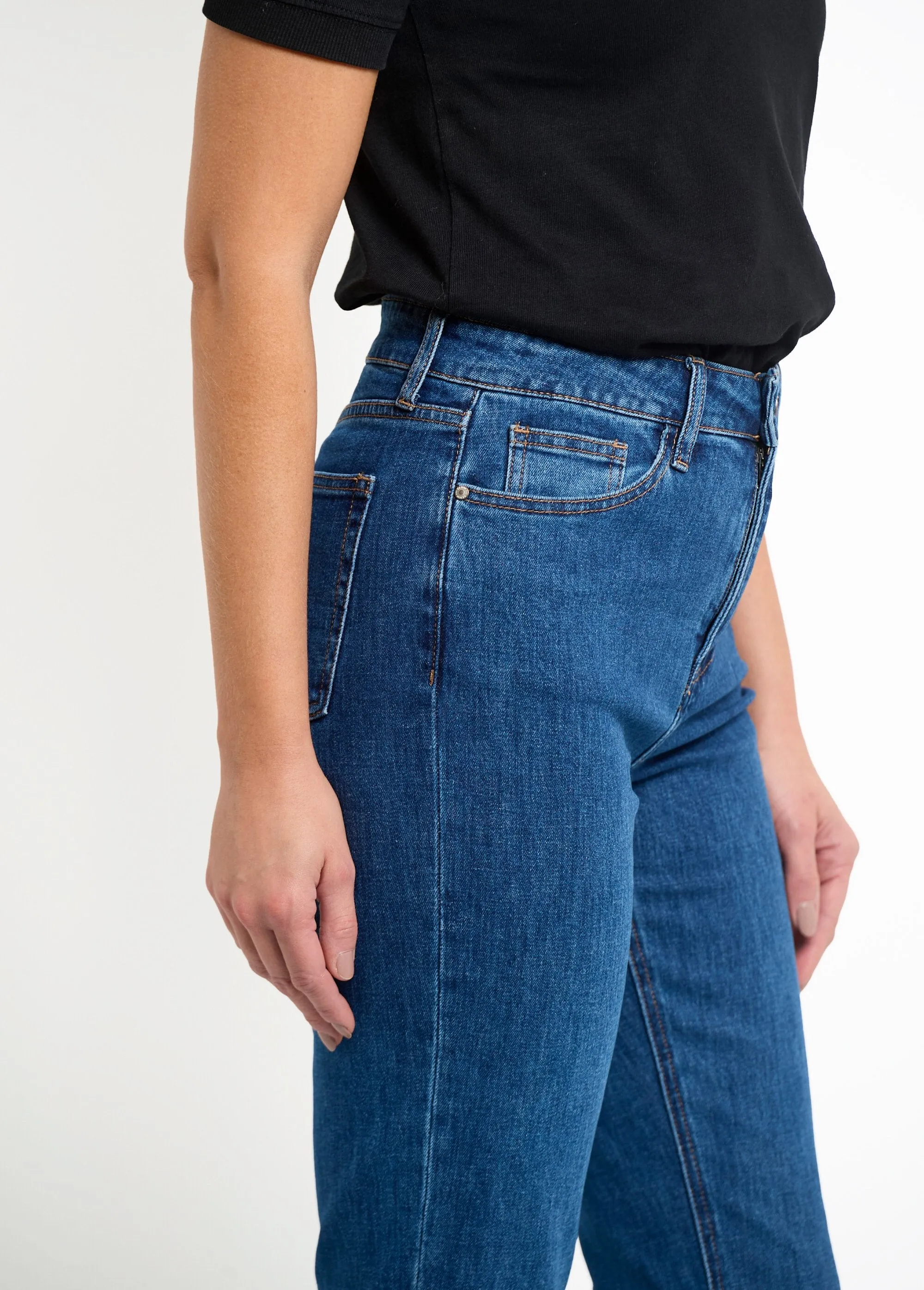 5-pocket jeans, 7/8 length, frayed hem