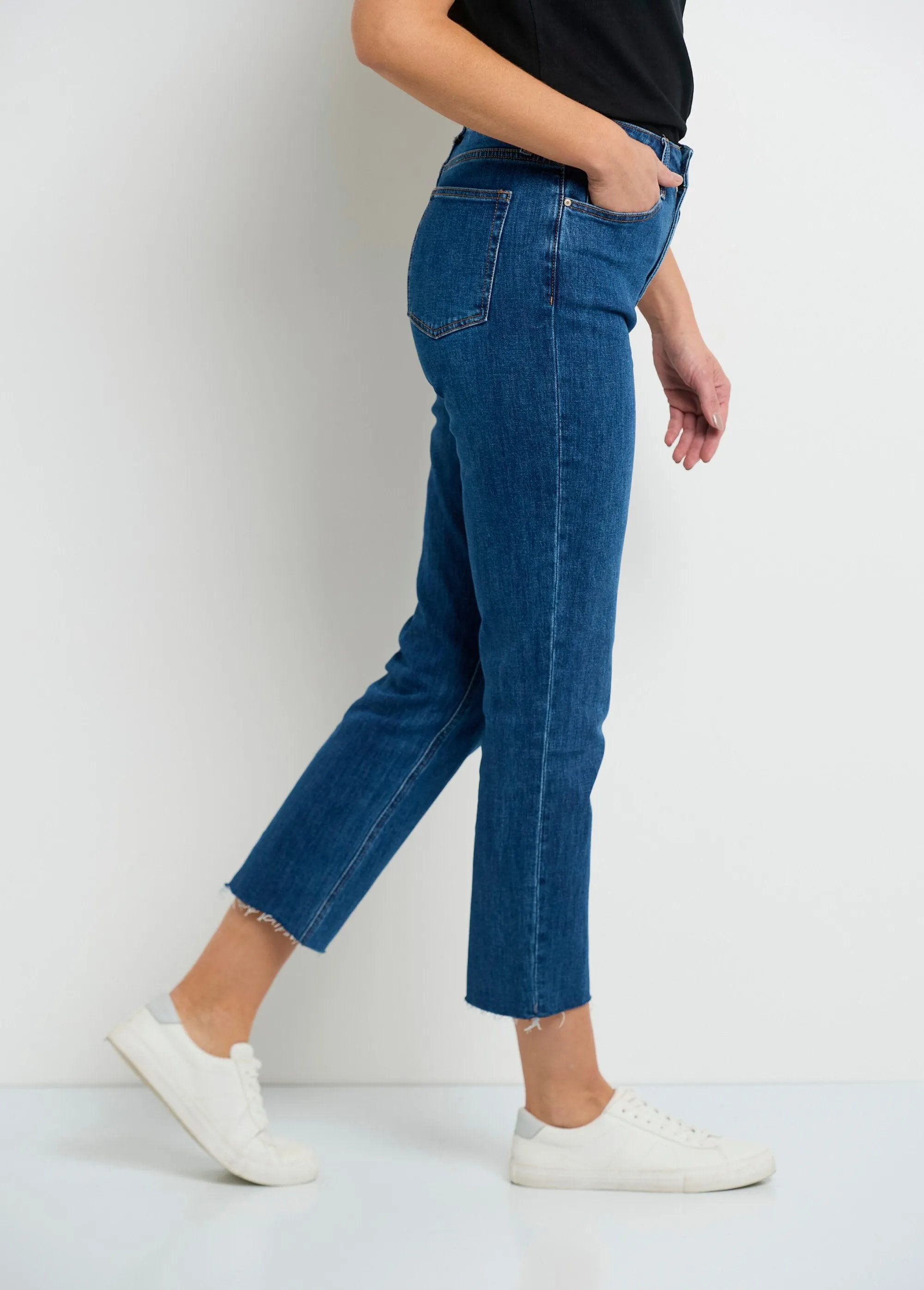 5-pocket jeans, 7/8 length, frayed hem