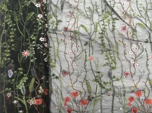 60 inch Floral Embroidered Overlay Tulle- Black Tulle with Red Green Flowers