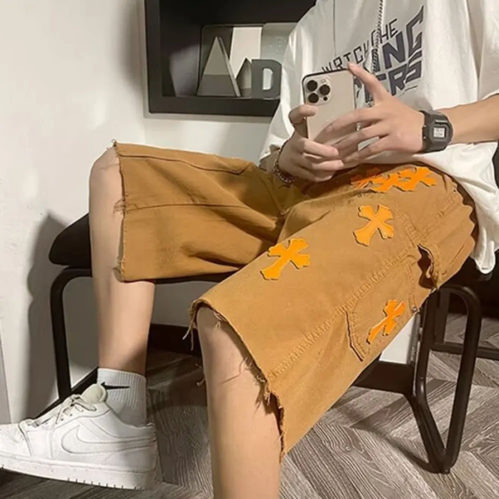 American Leather Cross Denim Shorts