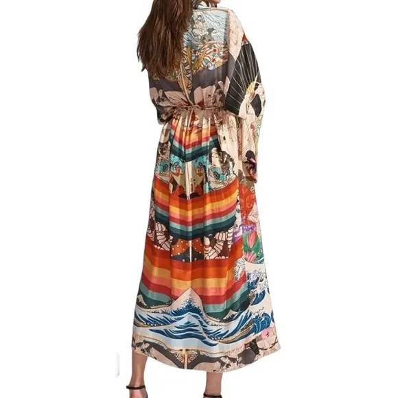 Asian Inspired Print Kimono with self tie belt