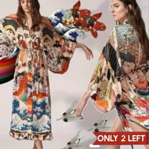 Asian Inspired Print Kimono with self tie belt