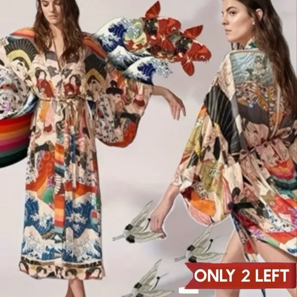 Asian Inspired Print Kimono with self tie belt