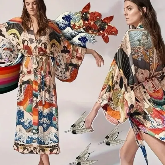 Asian Inspired Print Kimono with self tie belt
