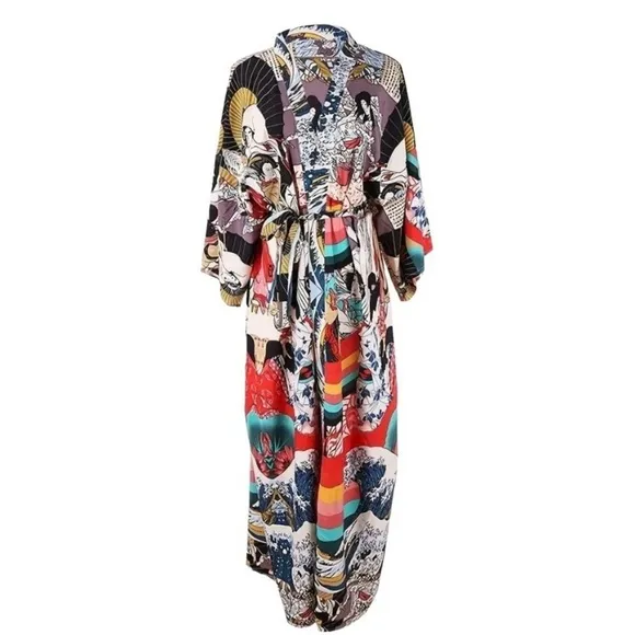 Asian Inspired Print Kimono with self tie belt