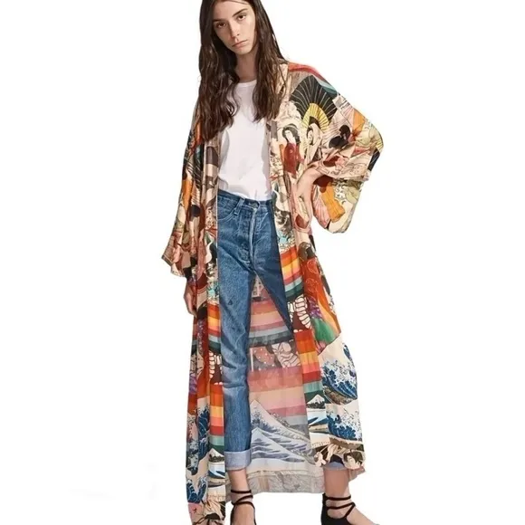 Asian Inspired Print Kimono with self tie belt