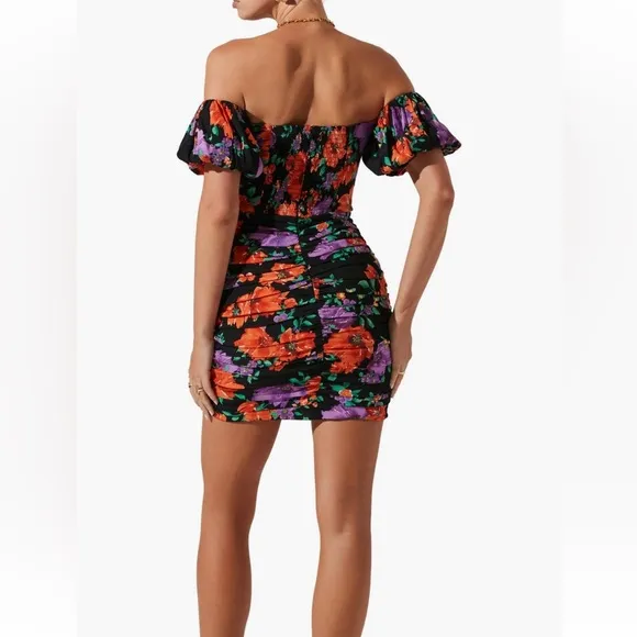 Astr Black and Orange Asymmetrical Ruched Mini Dress