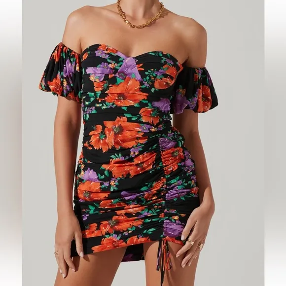 Astr Black and Orange Asymmetrical Ruched Mini Dress