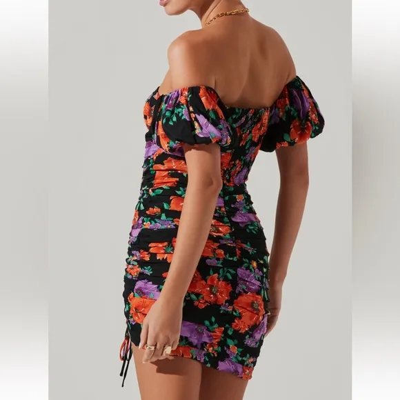 Astr Black and Orange Asymmetrical Ruched Mini Dress