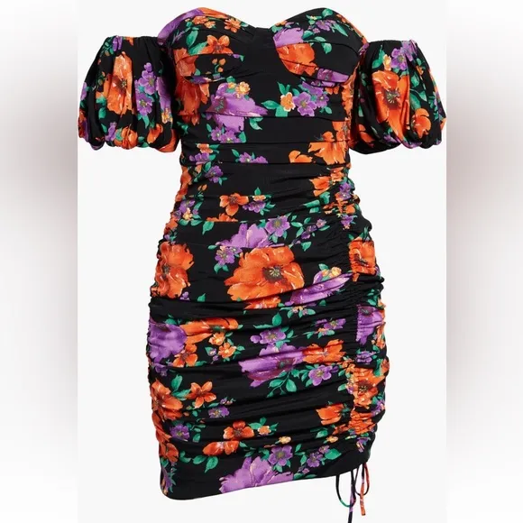 Astr Black and Orange Asymmetrical Ruched Mini Dress