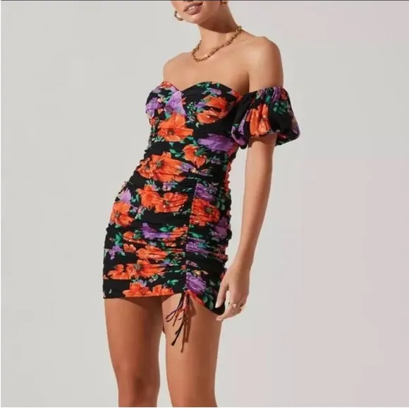 Astr Black and Orange Asymmetrical Ruched Mini Dress