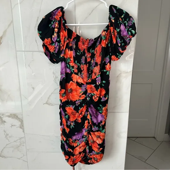 Astr Black and Orange Asymmetrical Ruched Mini Dress