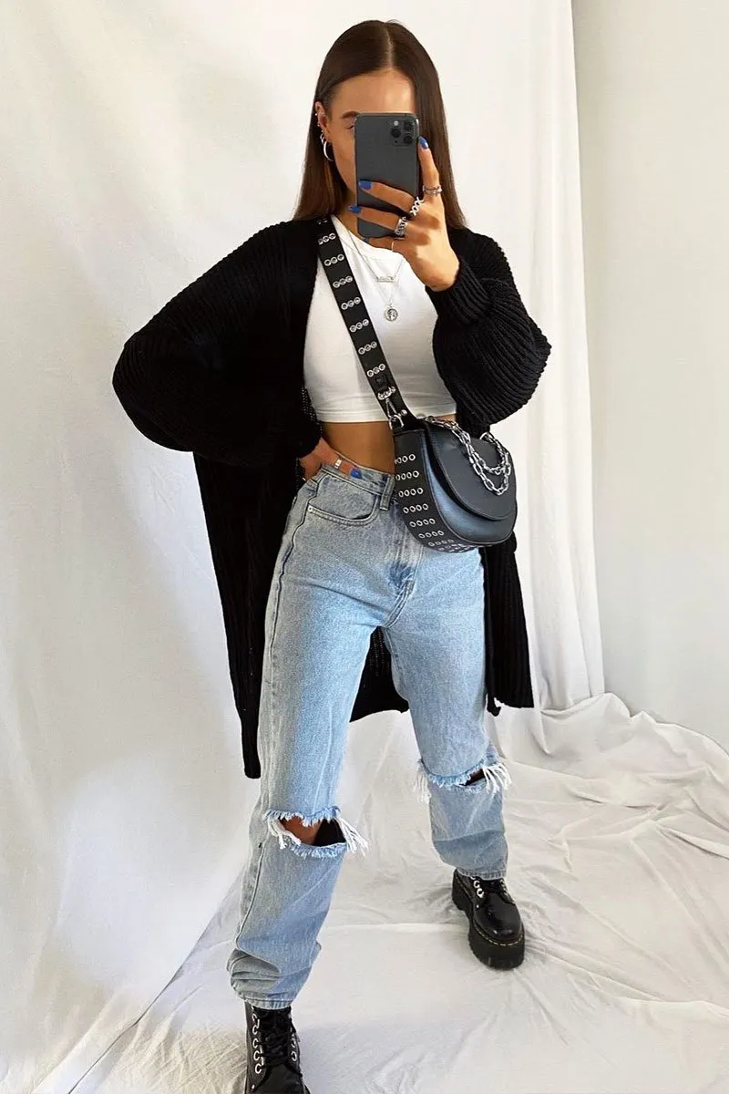 Black Balloon Sleeve Longline Knit Cardigan - Abbie