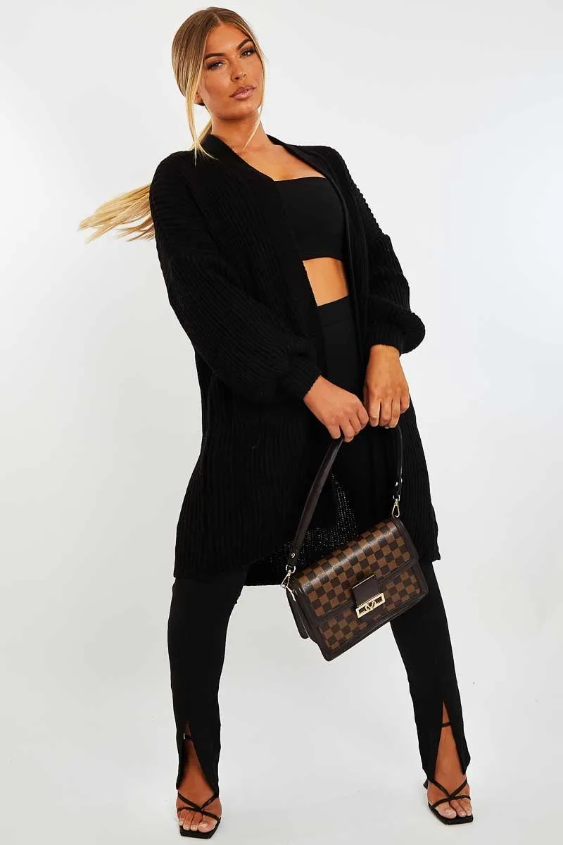 Black Balloon Sleeve Longline Knit Cardigan - Abbie
