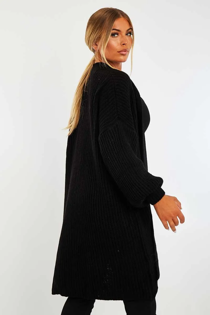 Black Balloon Sleeve Longline Knit Cardigan - Abbie