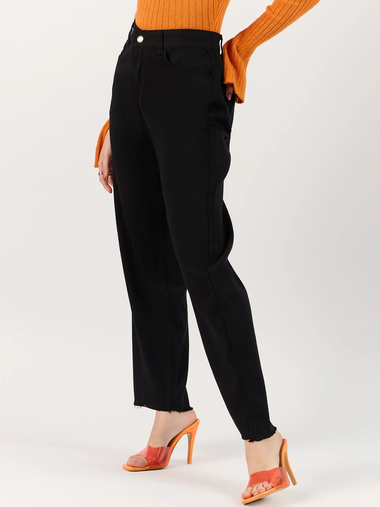 Black Freyed Hem Straight Denim Jeans