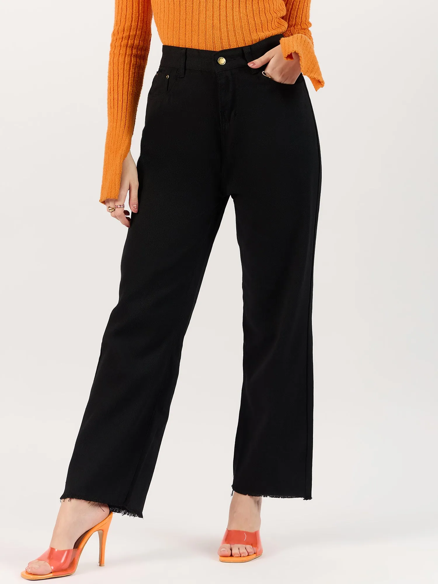 Black Freyed Hem Straight Denim Jeans