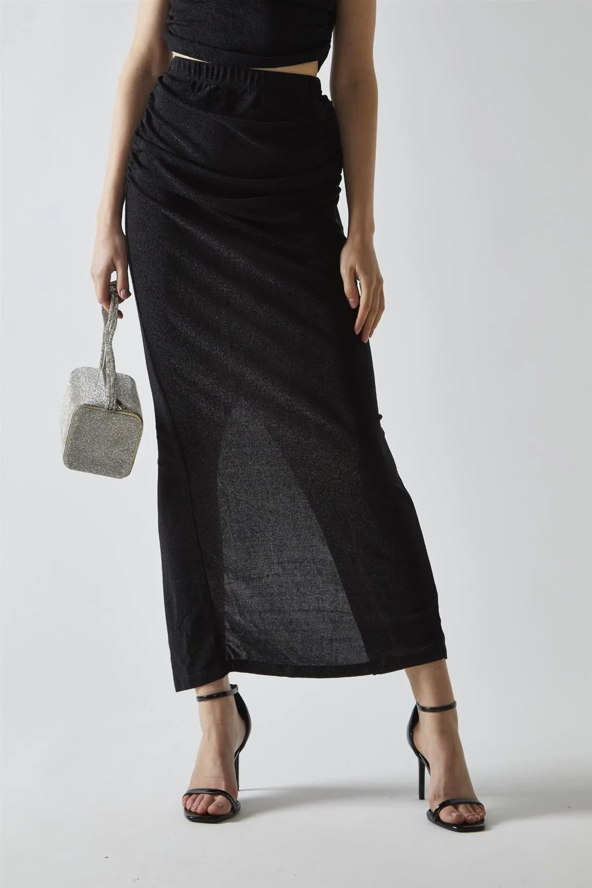 Black-Glitter Ruched Midaxi-Skirt