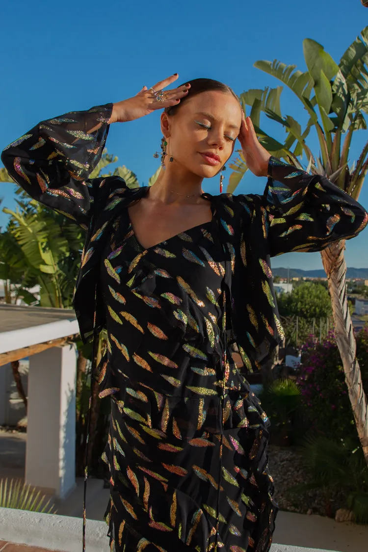 Black Jacquard Tie-Front Top
