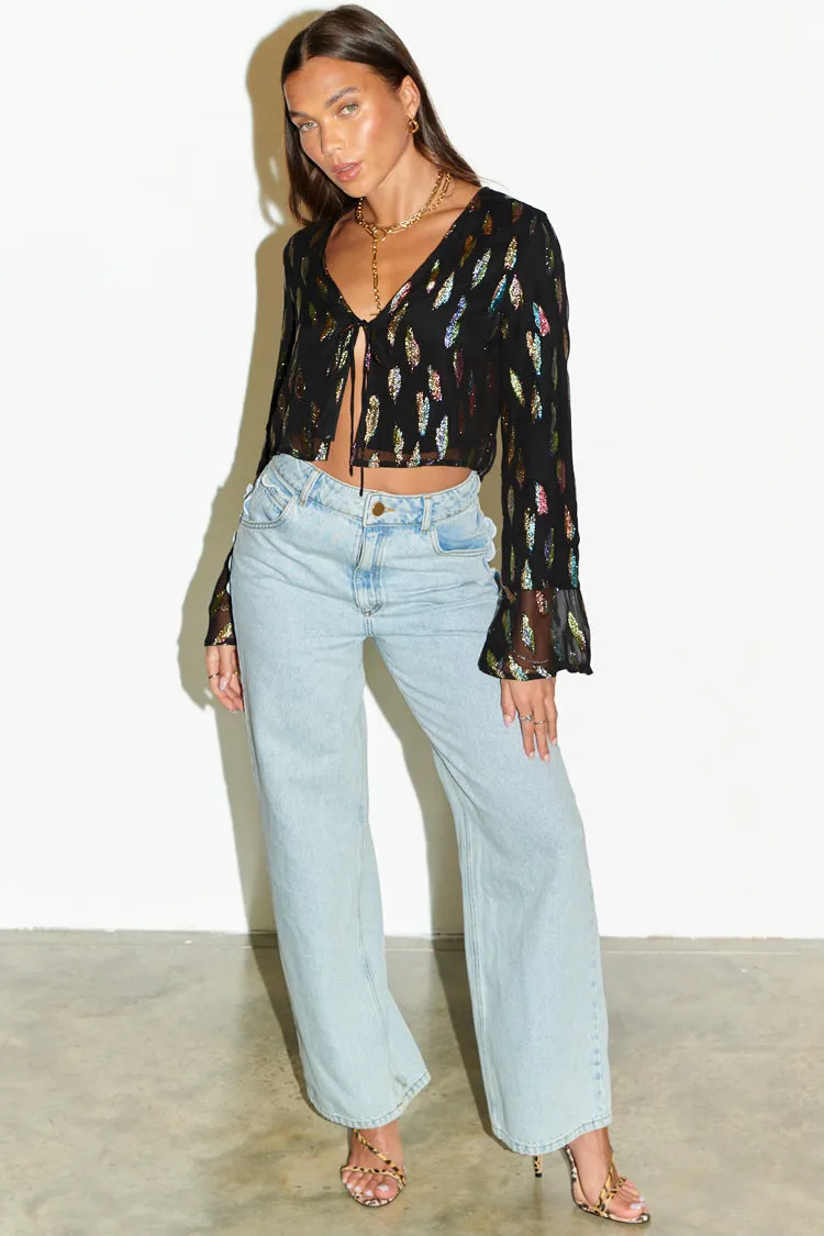 Black Jacquard Tie-Front Top