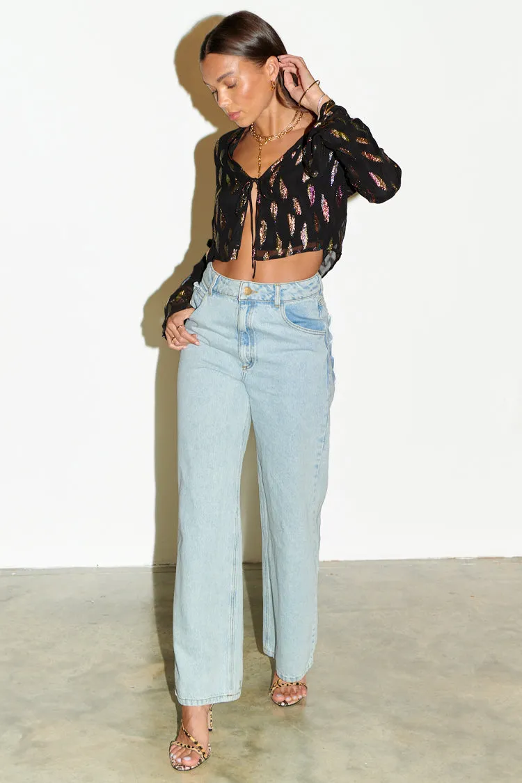 Black Jacquard Tie-Front Top