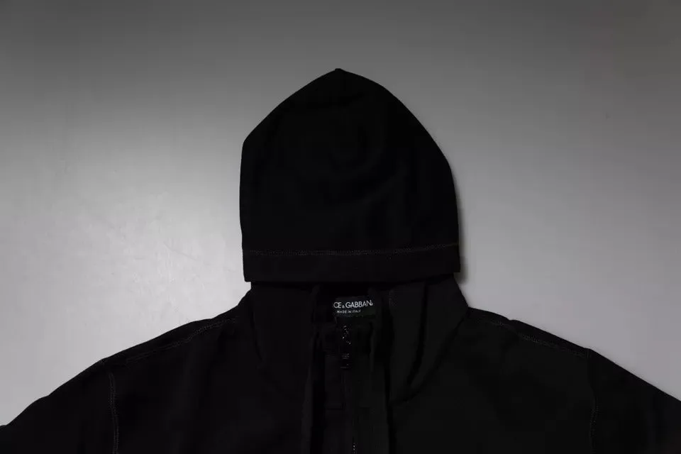 Black Logo Plaque Hooded Men Full Zip Sweater