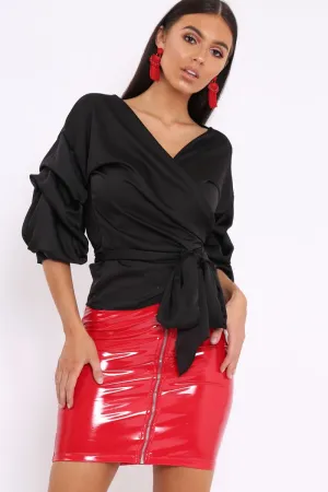 Black Satin Ruffle Sleeve Wrapover Top - Susie