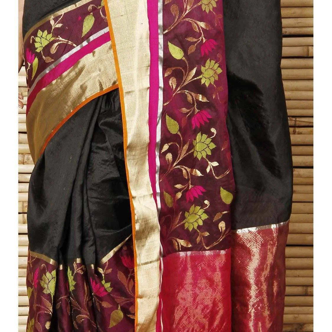 Black Silk Floral Skirt Chanderi Saree