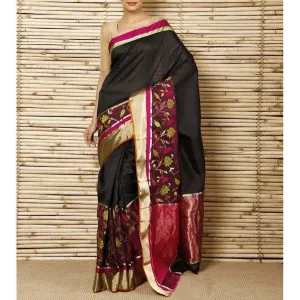 Black Silk Floral Skirt Chanderi Saree
