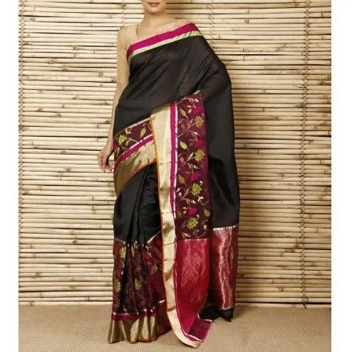 Black Silk Floral Skirt Chanderi Saree