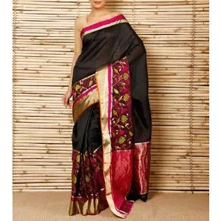 Black Silk Floral Skirt Chanderi Saree