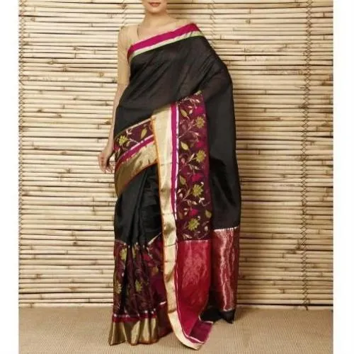 Black Silk Floral Skirt Chanderi Saree