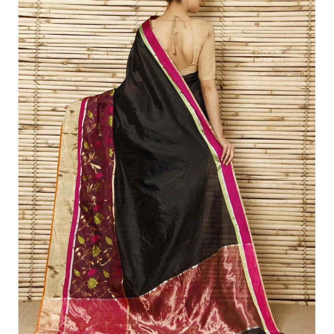Black Silk Floral Skirt Chanderi Saree
