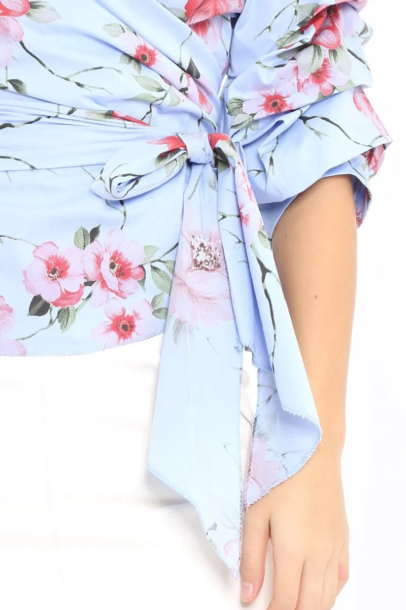 Blue Floral Print Ruffle Sleeve Wrapover Top - Susie
