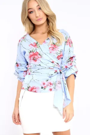 Blue Floral Print Ruffle Sleeve Wrapover Top - Susie