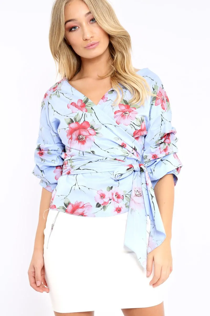 Blue Floral Print Ruffle Sleeve Wrapover Top - Susie