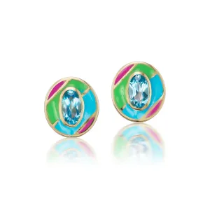 Blue Topaz Oval Multi Striped Enamel Cocktail Stud Earrings