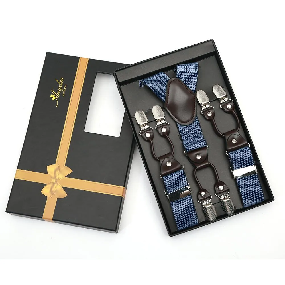 Blue Zigzag Strap Dual Clip On Elastic suspenders for Men - Adjustable Y Straps For Work Pants