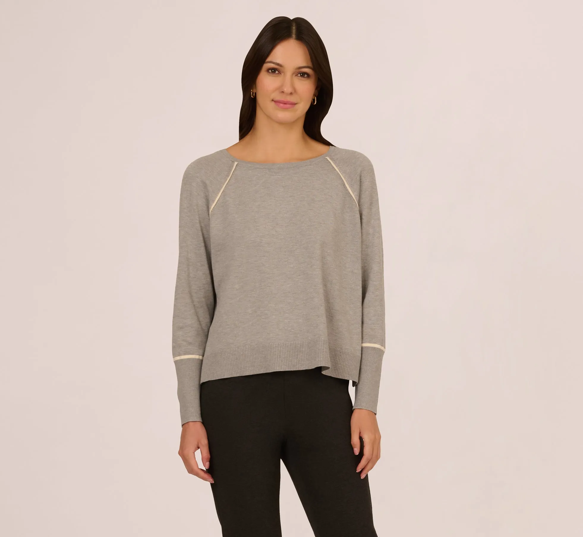 Boat Neck Slouchy Dolman Sleeve Raglan Sweater In Heather Grey Cream