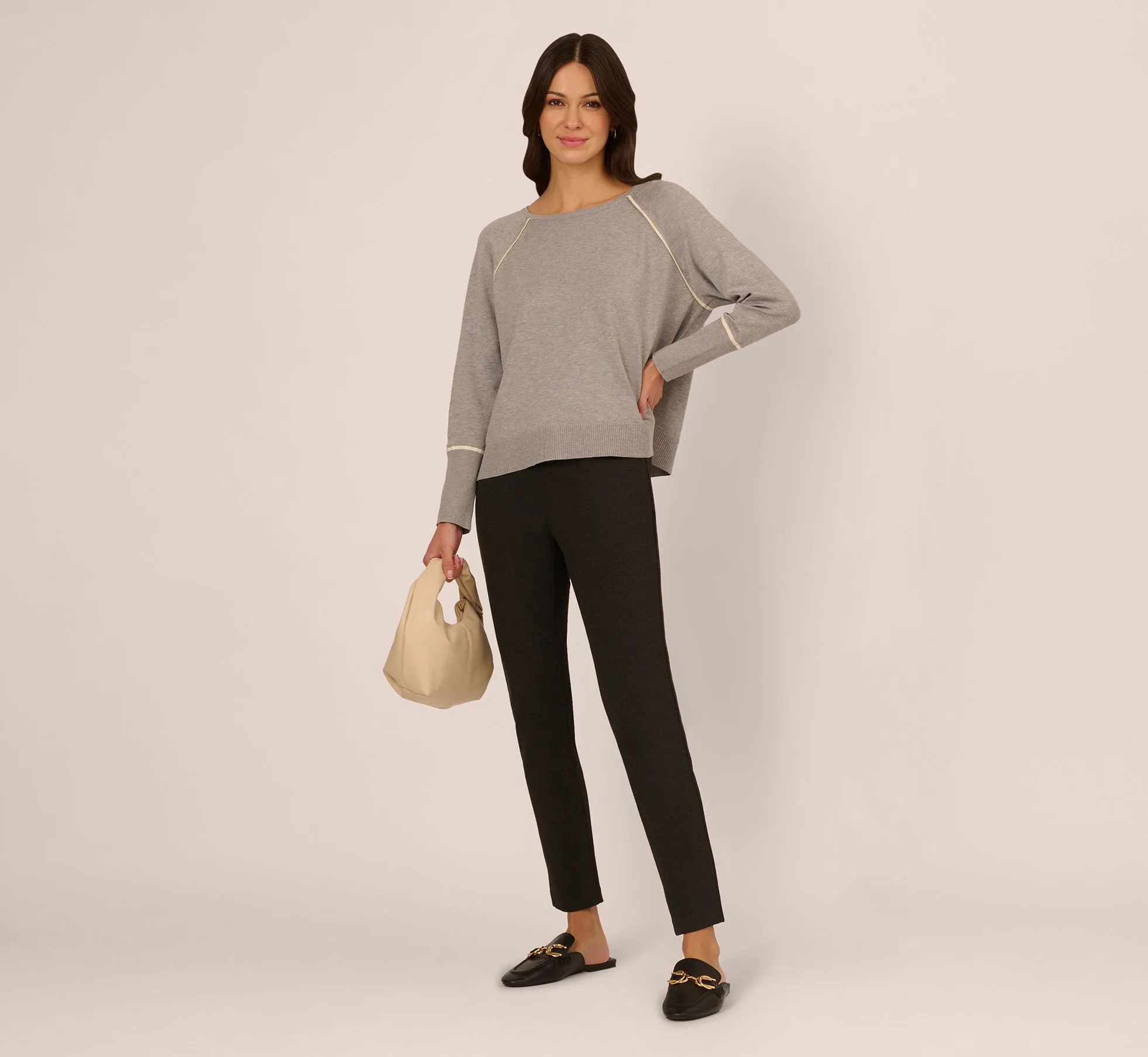 Boat Neck Slouchy Dolman Sleeve Raglan Sweater In Heather Grey Cream