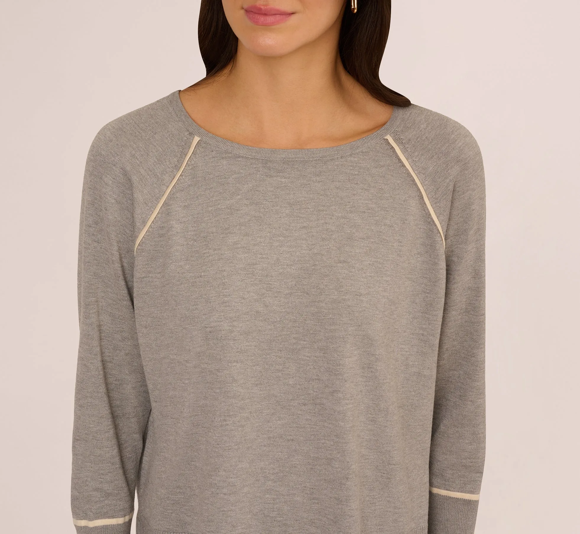 Boat Neck Slouchy Dolman Sleeve Raglan Sweater In Heather Grey Cream