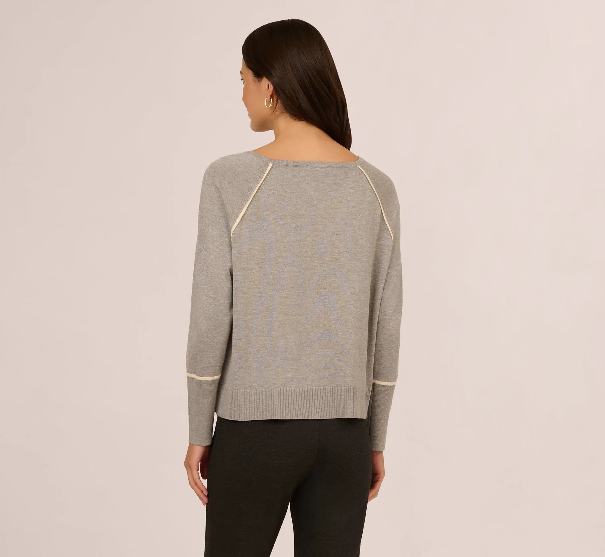 Boat Neck Slouchy Dolman Sleeve Raglan Sweater In Heather Grey Cream