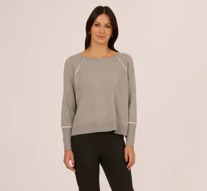 Boat Neck Slouchy Dolman Sleeve Raglan Sweater In Heather Grey Cream