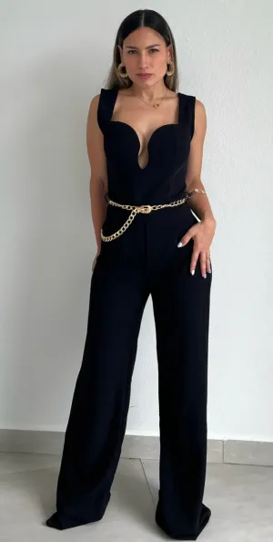 Bold and Ambitious Black V-Neck Jumpsuit