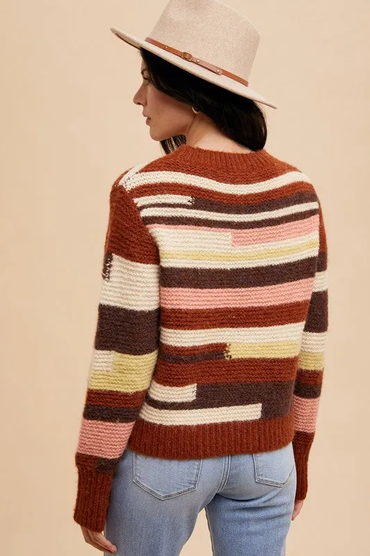 Brown Color Block Round Neck Long Sleeve Sweater