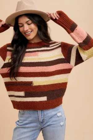 Brown Color Block Round Neck Long Sleeve Sweater