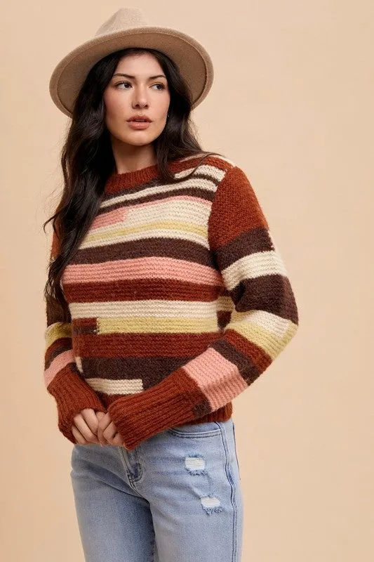 Brown Color Block Round Neck Long Sleeve Sweater