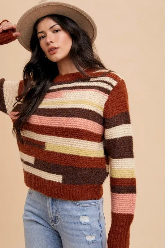 Brown Color Block Round Neck Long Sleeve Sweater